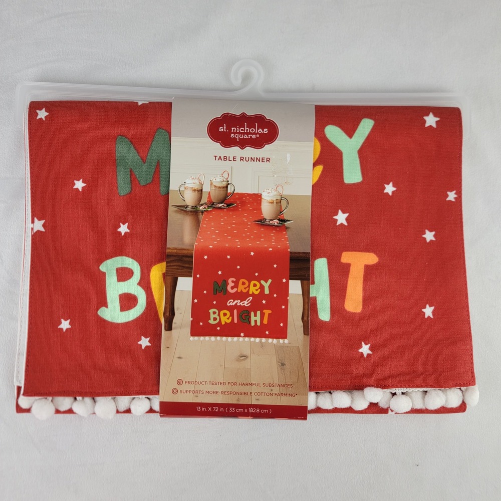 St Nicholas Square Merry and Bright Red Cotton Table Runner 13x72 Pom Pom Trim